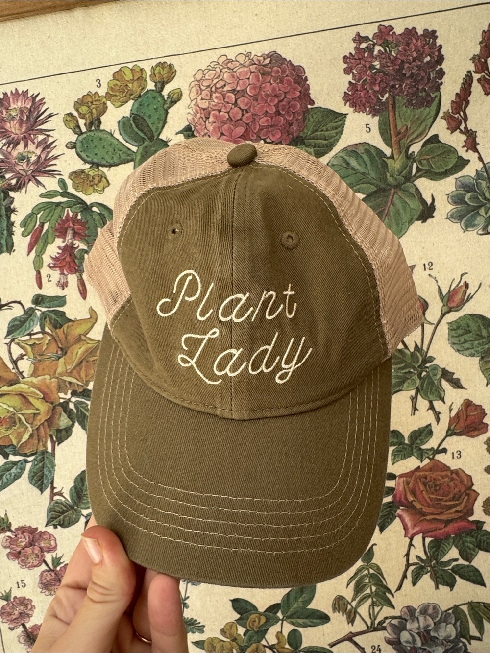 Plant Lady Embroidered Trucker Hat - Olive and Tan